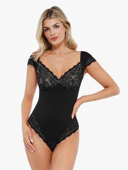 ALYSSA – Lace Cup Bodysuit met Cap Sleeves - LivingCurves Tops Body Shaper Tank Zwart / XS