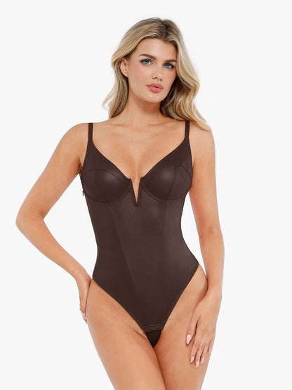 ELORA – Faux Leather Corset Bodysuit met Diepe V - LivingCurves Tops Body Shaper Tank Bruin / XS