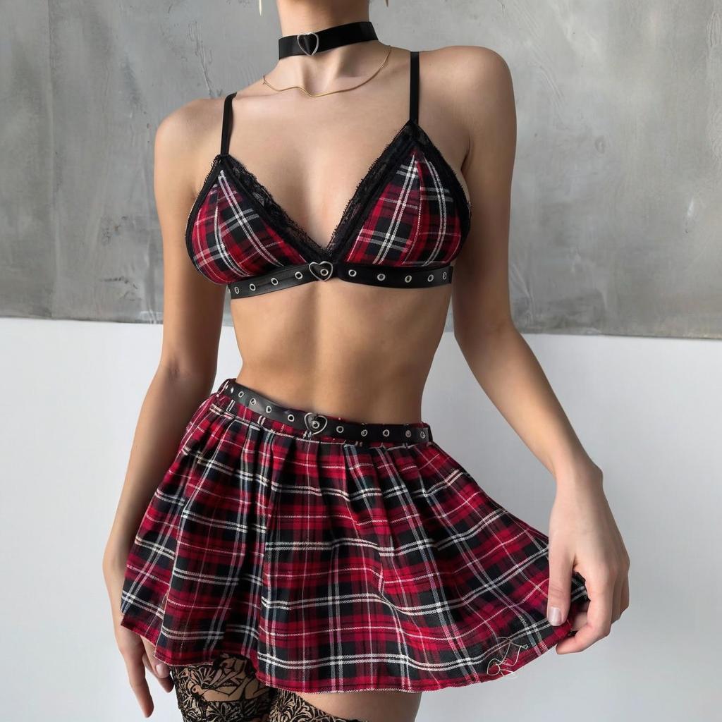 Plaid Schoolgirl Lingerie Set with Collar
