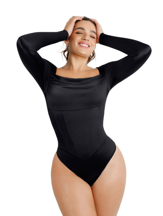 AMARIS – Satijnen Bodysuit met Watervalhals - LivingCurves Zwart / XS