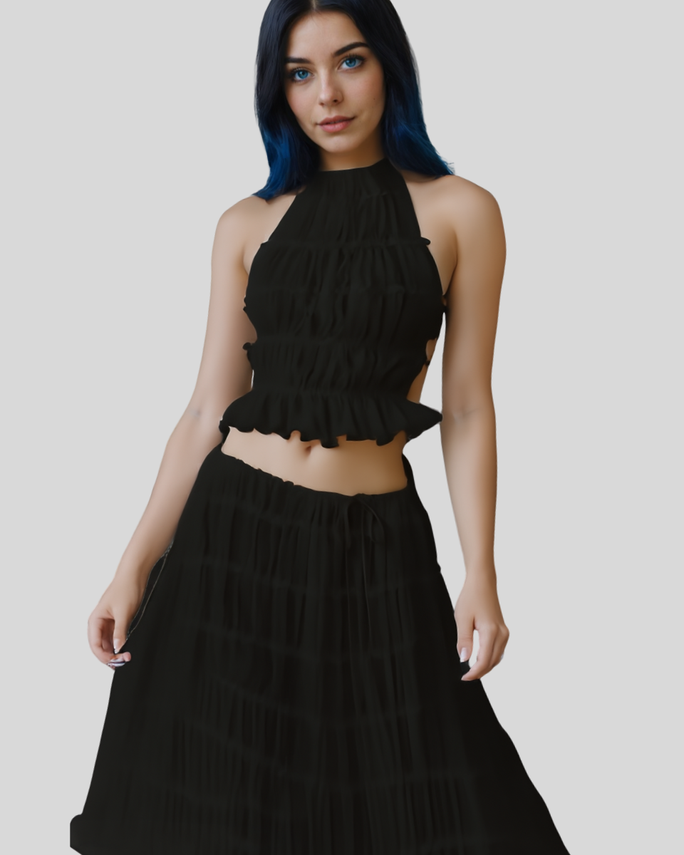 2pcs Women's Dress Suit Sexy Sleeveless Backless Cropped Halter Top And Pleated Long Skirt Beach Clothing