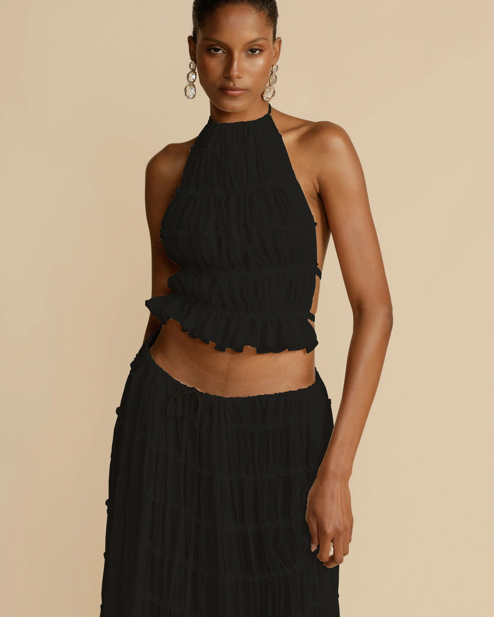 2pcs Women's Dress Suit Sexy Sleeveless Backless Cropped Halter Top And Pleated Long Skirt Beach Clothing