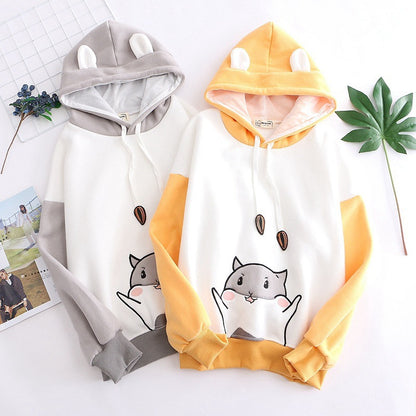 Winter cute cat hooded long sleeve plus fleece sweater
