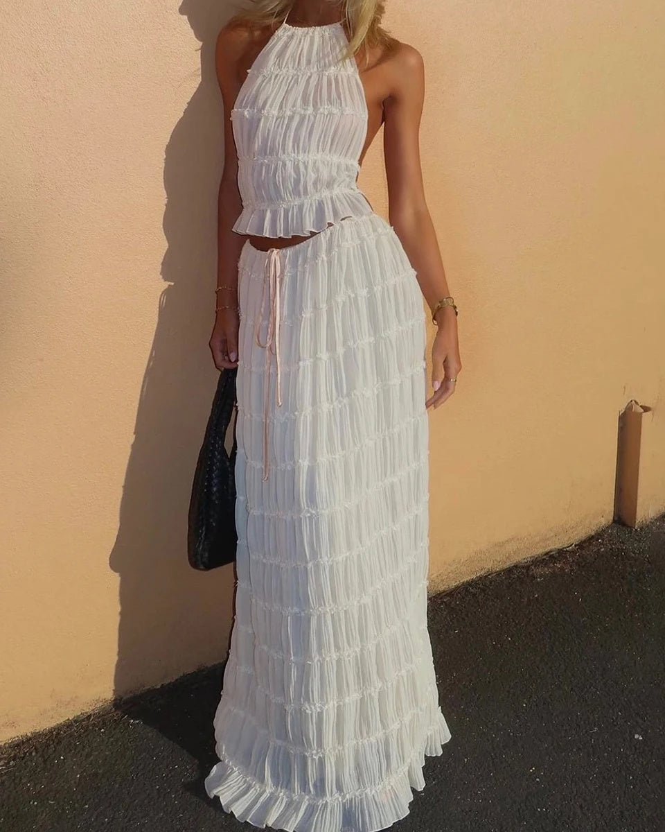 2pcs Women's Dress Suit Sexy Sleeveless Backless Cropped Halter Top And Pleated Long Skirt Beach Clothing