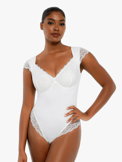 ALYSSA – Lace Cup Bodysuit met Cap Sleeves - LivingCurves Tops Body Shaper Tank Wit / XS