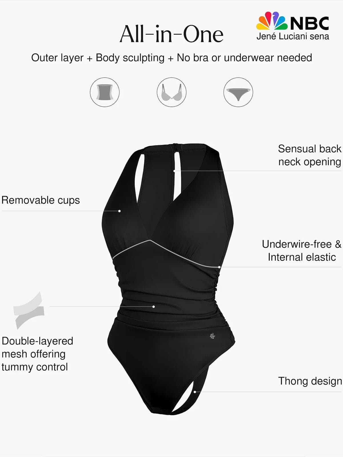 Shapewear Halter Cowl Neck Ruched Tummy Control Bodysuit - LivingCurves Sexy Deep V Tops Body Shaper Vacation Outfits Black / XS