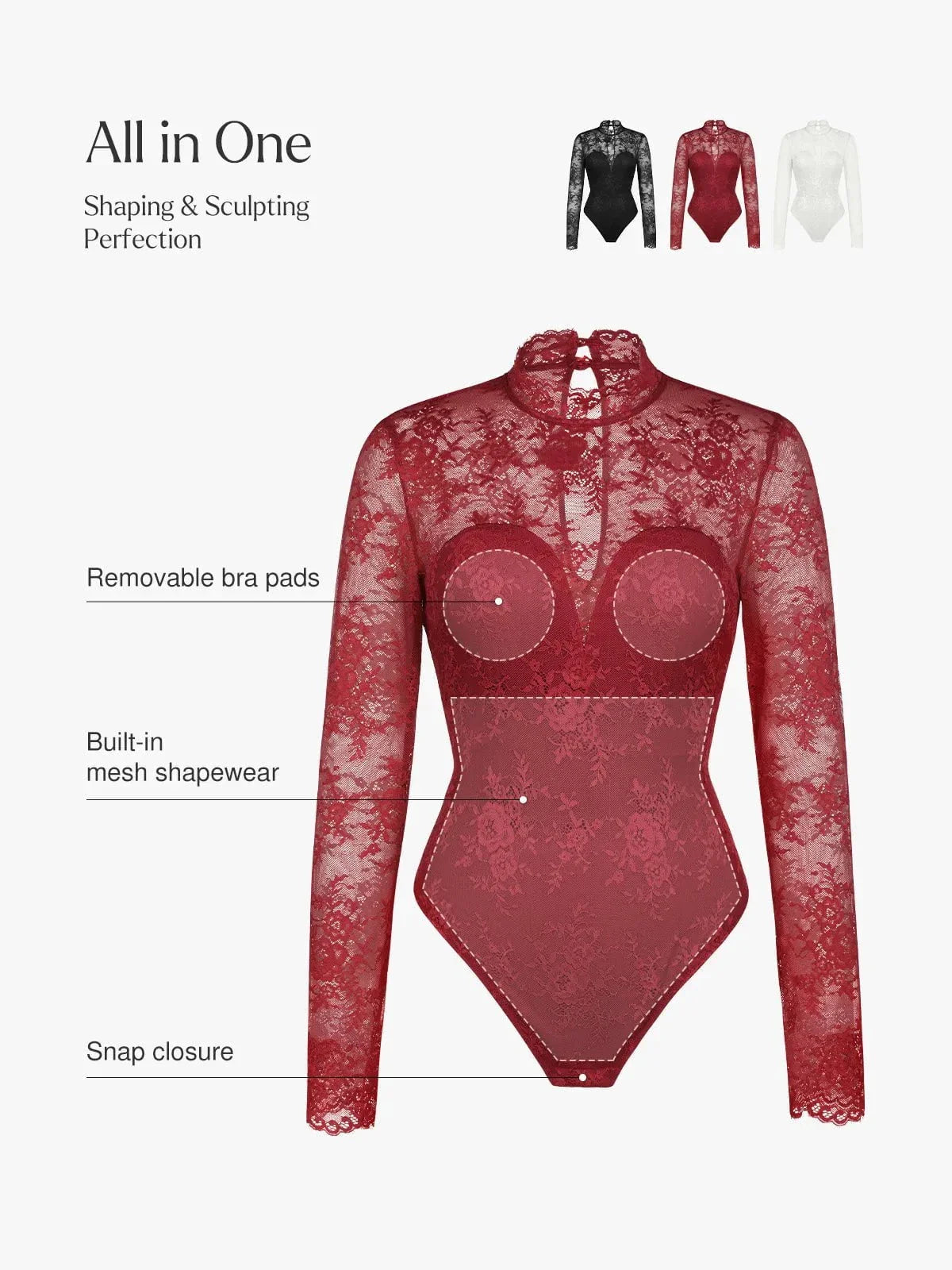 ELVIA – Lace Bodysuit met Lange Mouwen - LivingCurves Zwart / XS