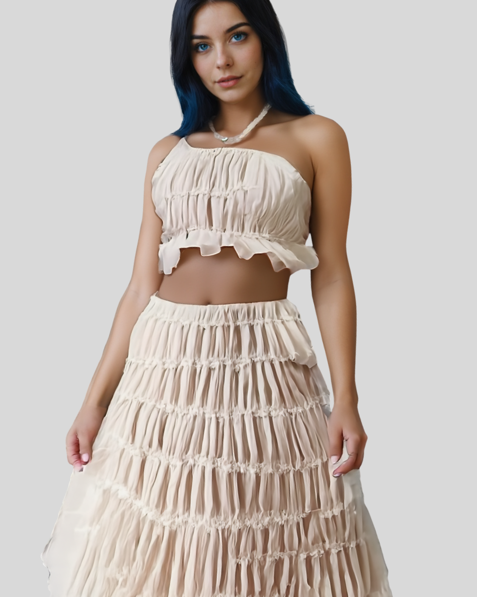 2pcs Women's Dress Suit Sexy Sleeveless Backless Cropped Halter Top And Pleated Long Skirt Beach Clothing