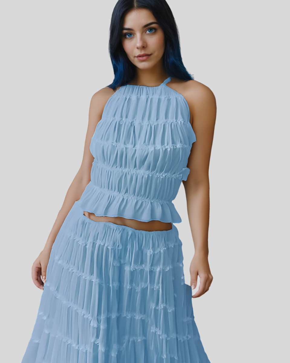 2pcs Women's Dress Suit Sexy Sleeveless Backless Cropped Halter Top And Pleated Long Skirt Beach Clothing