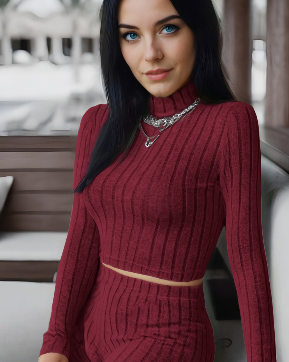 Long Sleeve Turtlenecks Wide Leg High Waist Trousers Suit