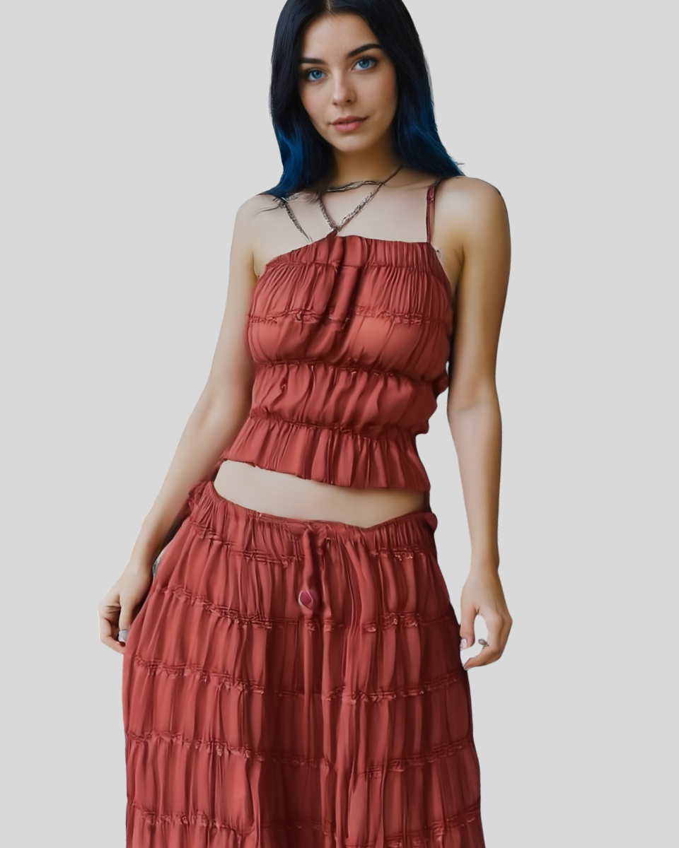 2pcs Women's Dress Suit Sexy Sleeveless Backless Cropped Halter Top And Pleated Long Skirt Beach Clothing