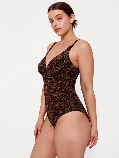 LORÉ – Ruched Mesh Shaping Bodysuit - LivingCurves Tummy Control One Piece Swimwear Leopard / XS