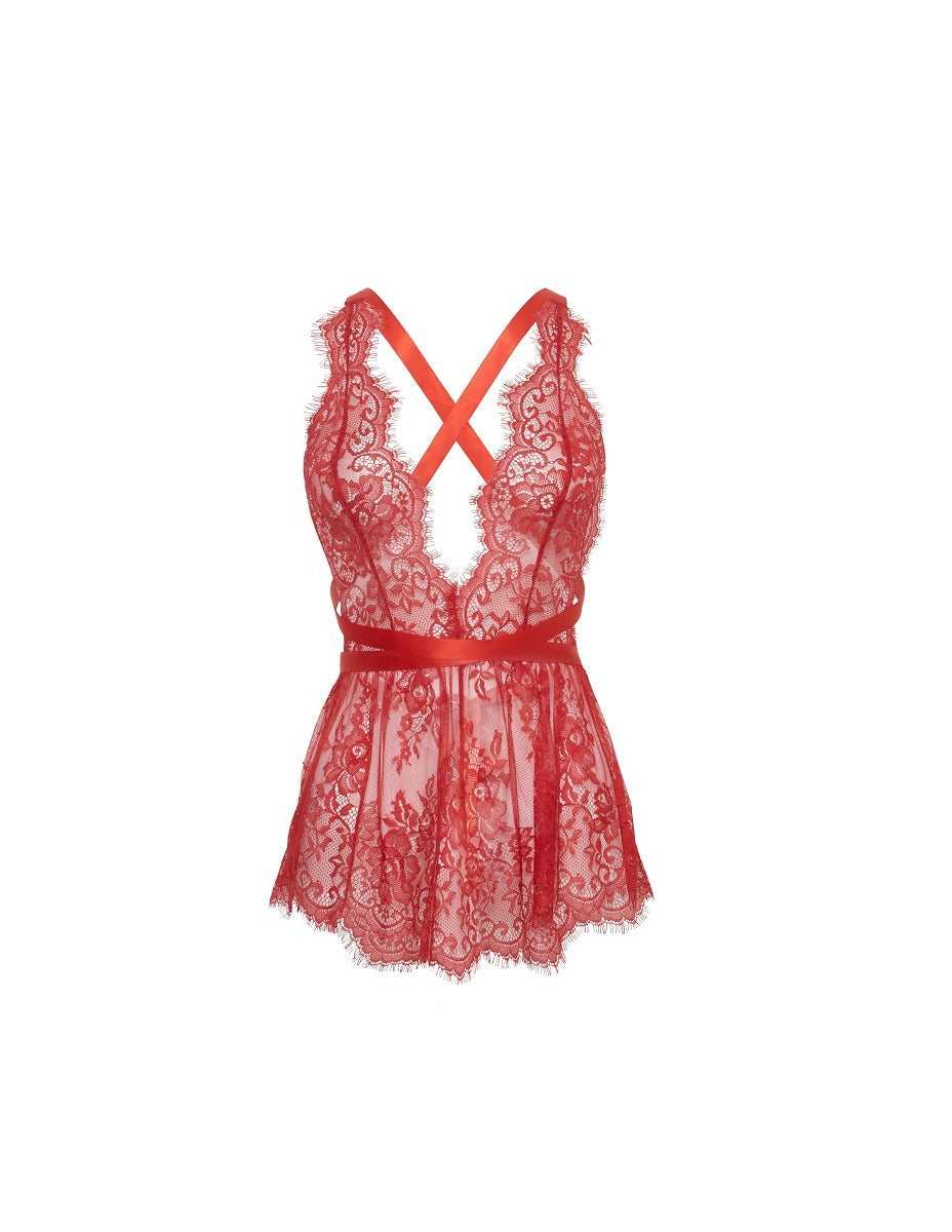 Oh La La Cheri Lingerie Brea Red Plus Size Lace Romper 53-11728X