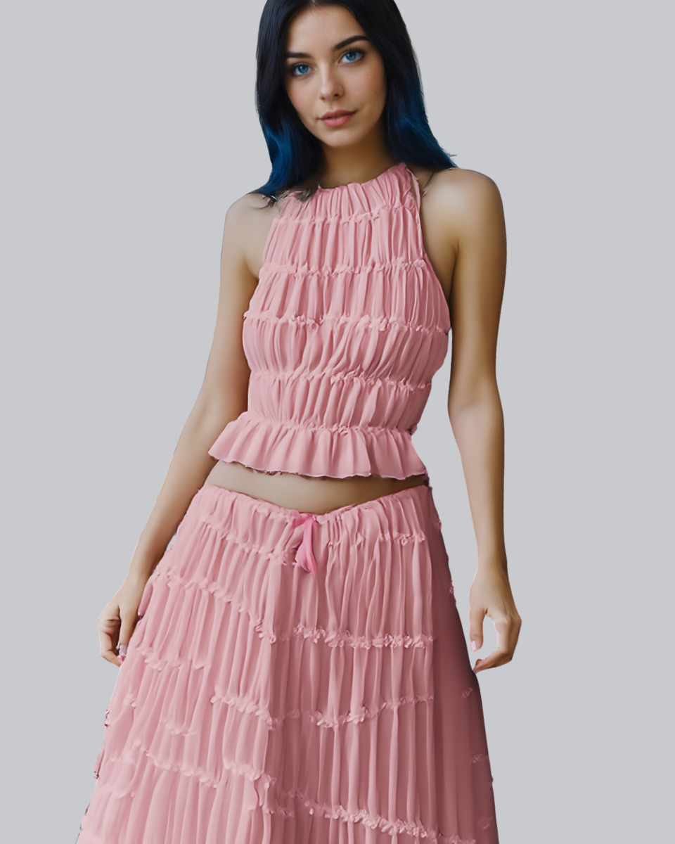 2pcs Women's Dress Suit Sexy Sleeveless Backless Cropped Halter Top And Pleated Long Skirt Beach Clothing