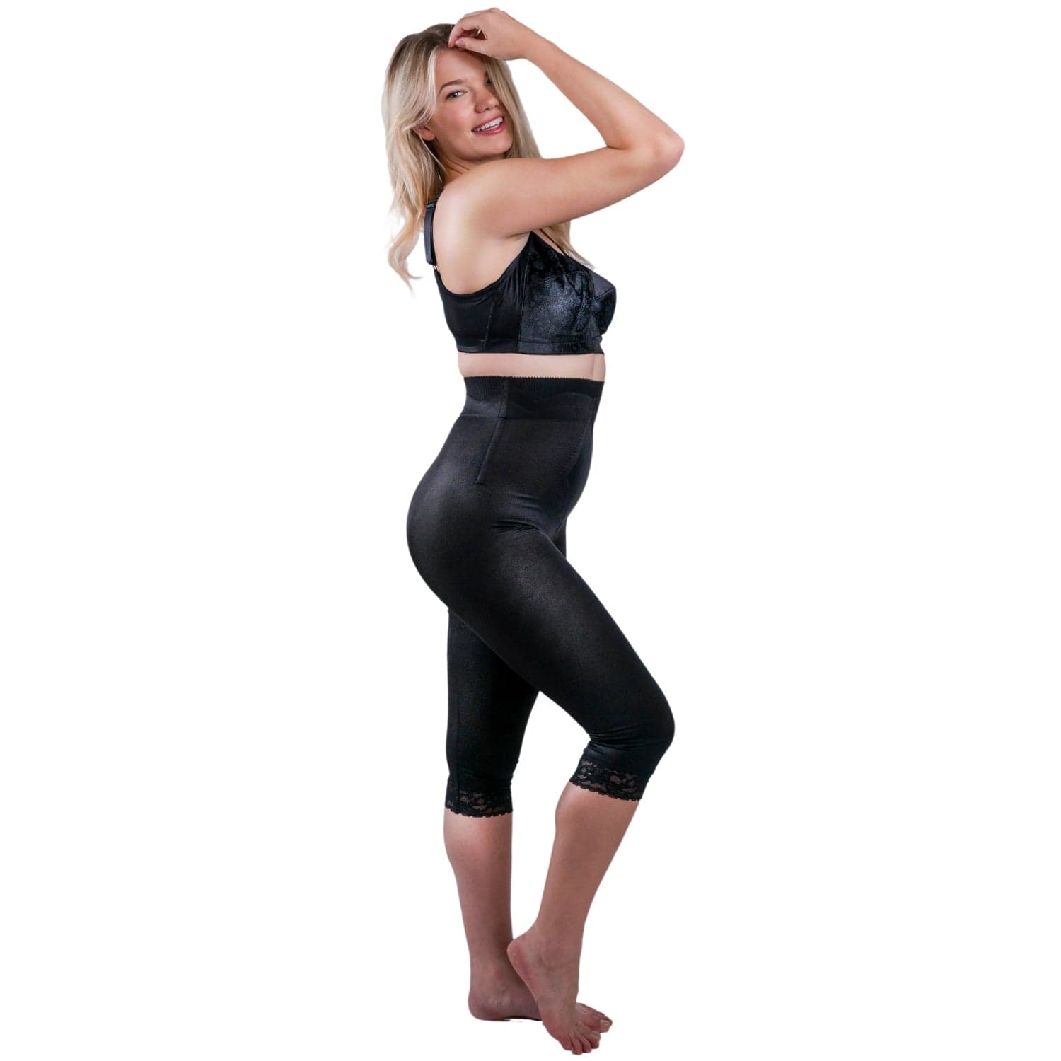 Style 6266 | High Waist Capri Pant Liner with Tummy Control Satin Panel| Memory Compression Fabric | Medium Support - LivingCurves Leg Shaper Pant Liner Black / S/26