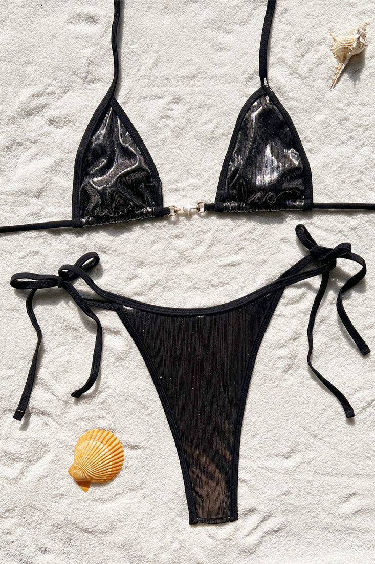 Zwarte Bikini Dames – Glanzende Set met Parel Gesp