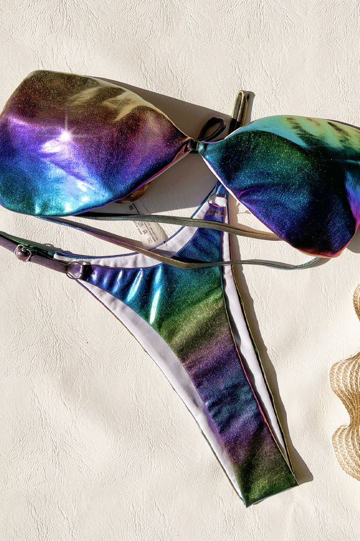 Paars Groene Bikini Set Dames Strapless Metallic