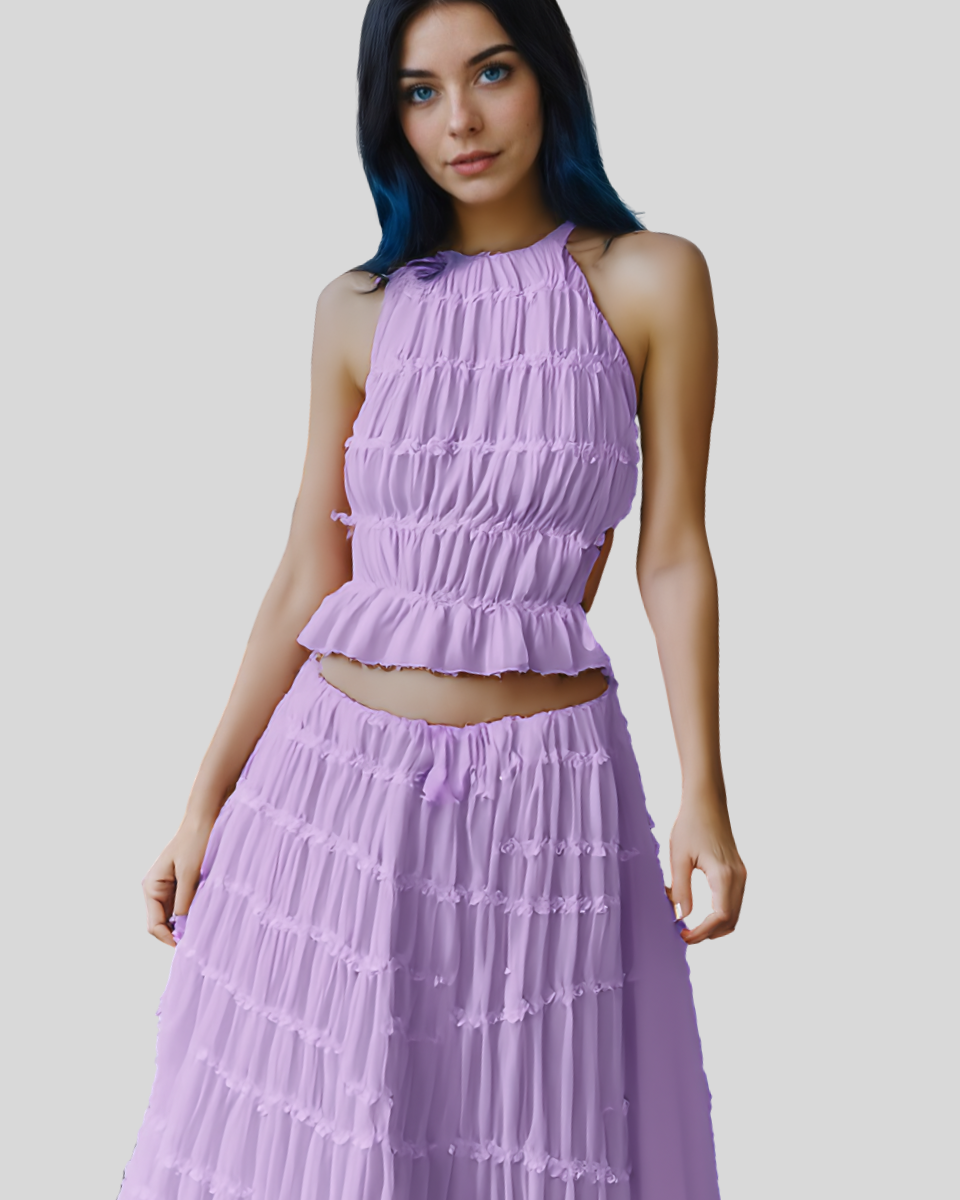 2pcs Women's Dress Suit Sexy Sleeveless Backless Cropped Halter Top And Pleated Long Skirt Beach Clothing