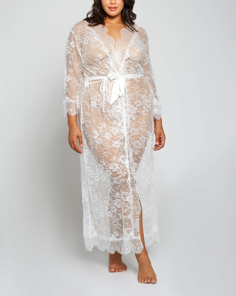 iCollection Lingerie Jasmine White All Lace Long Plus Size Robe 8023X