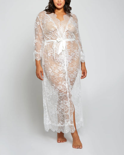 iCollection Lingerie Jasmine White All Lace Long Plus Size Robe 8023X