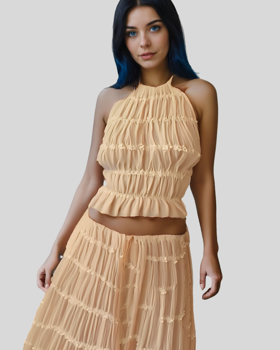 2pcs Women's Dress Suit Sexy Sleeveless Backless Cropped Halter Top And Pleated Long Skirt Beach Clothing