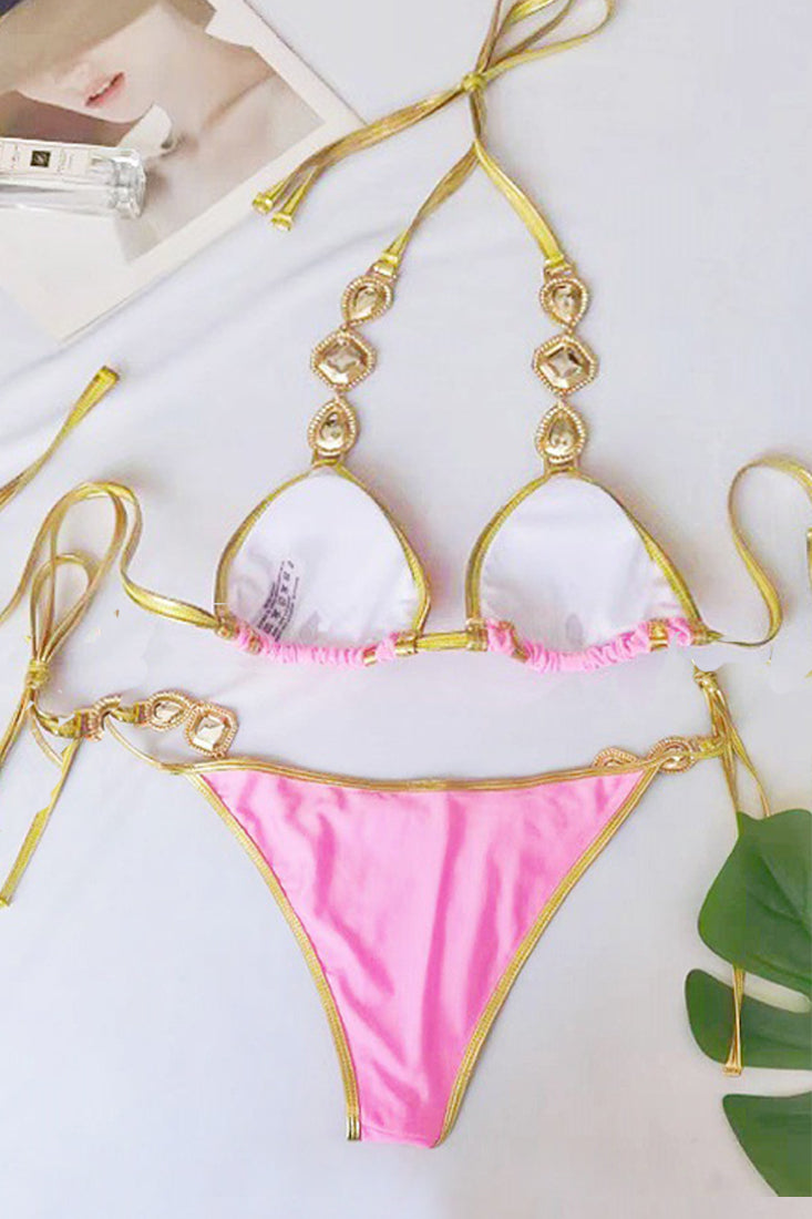 Roze Bikini Dames – Set met Gouden Details en Glitter