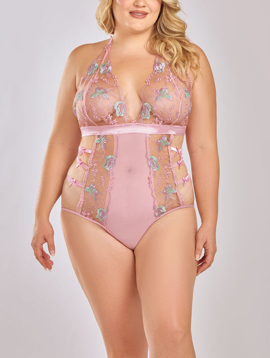 iCollection Danielle Pink & Purple Embroidered Plus Size Bodysuit 85084X