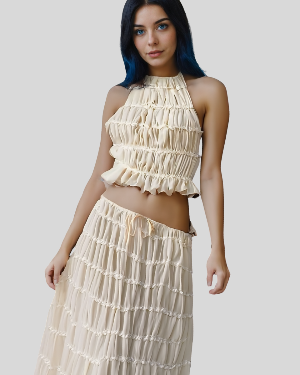 2pcs Women's Dress Suit Sexy Sleeveless Backless Cropped Halter Top And Pleated Long Skirt Beach Clothing
