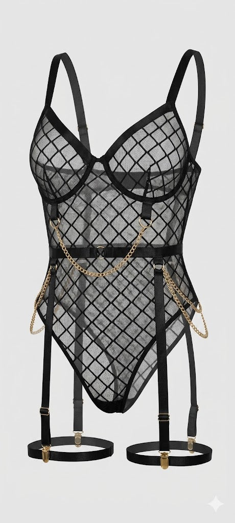 Red Mesh Chain Garter Set - Lingerieset Dames Ruitmesh – Rood Met Gouden Ketting