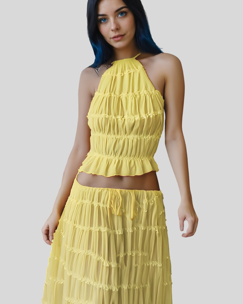 2pcs Women's Dress Suit Sexy Sleeveless Backless Cropped Halter Top And Pleated Long Skirt Beach Clothing