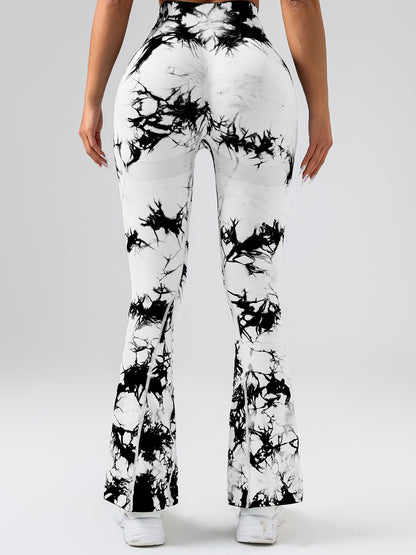 High-Waist Tummy Control Flare Yoga Pants For Women, Tie-Dye Stretch Slimming Bootcut Workout Pants, Fitness & Sports Activewear