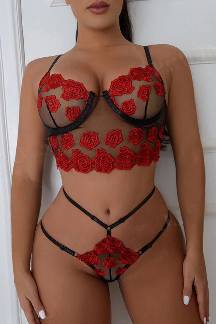 Bustier Set Dames Kant – Zwart Met String En Rozen – Verleidelijke Set met Soepele Pasvorm
