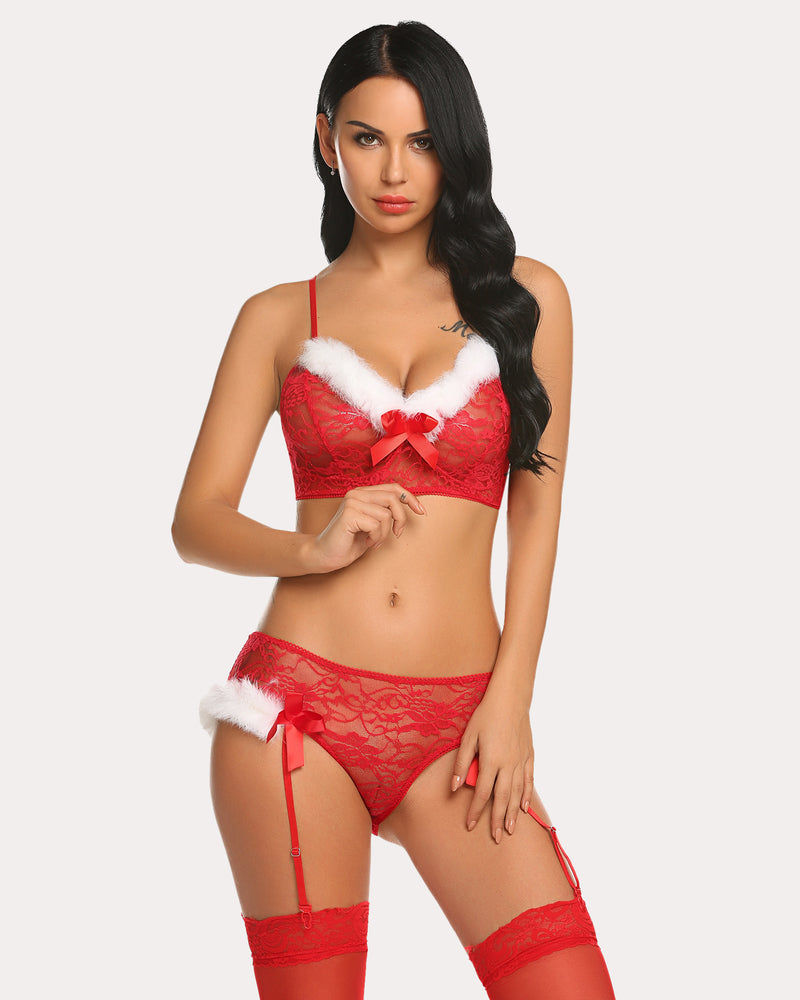 Santa Bra And Panty With Garter Belt Set