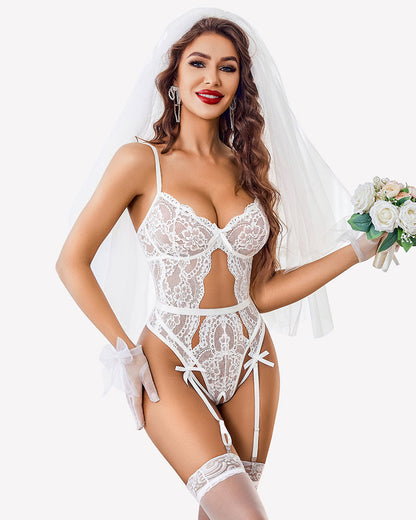 Lace Crotchless Bodysuit with Panty Garter Set