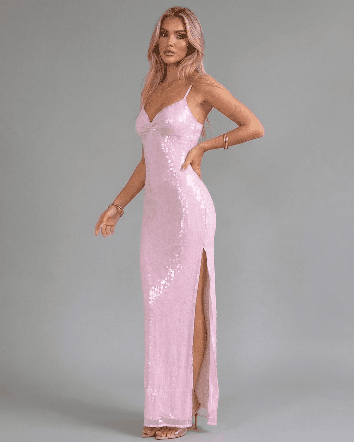 Dames Maxi Jurk | Spaghettibandjes | Paillettenlook & Hoge Split