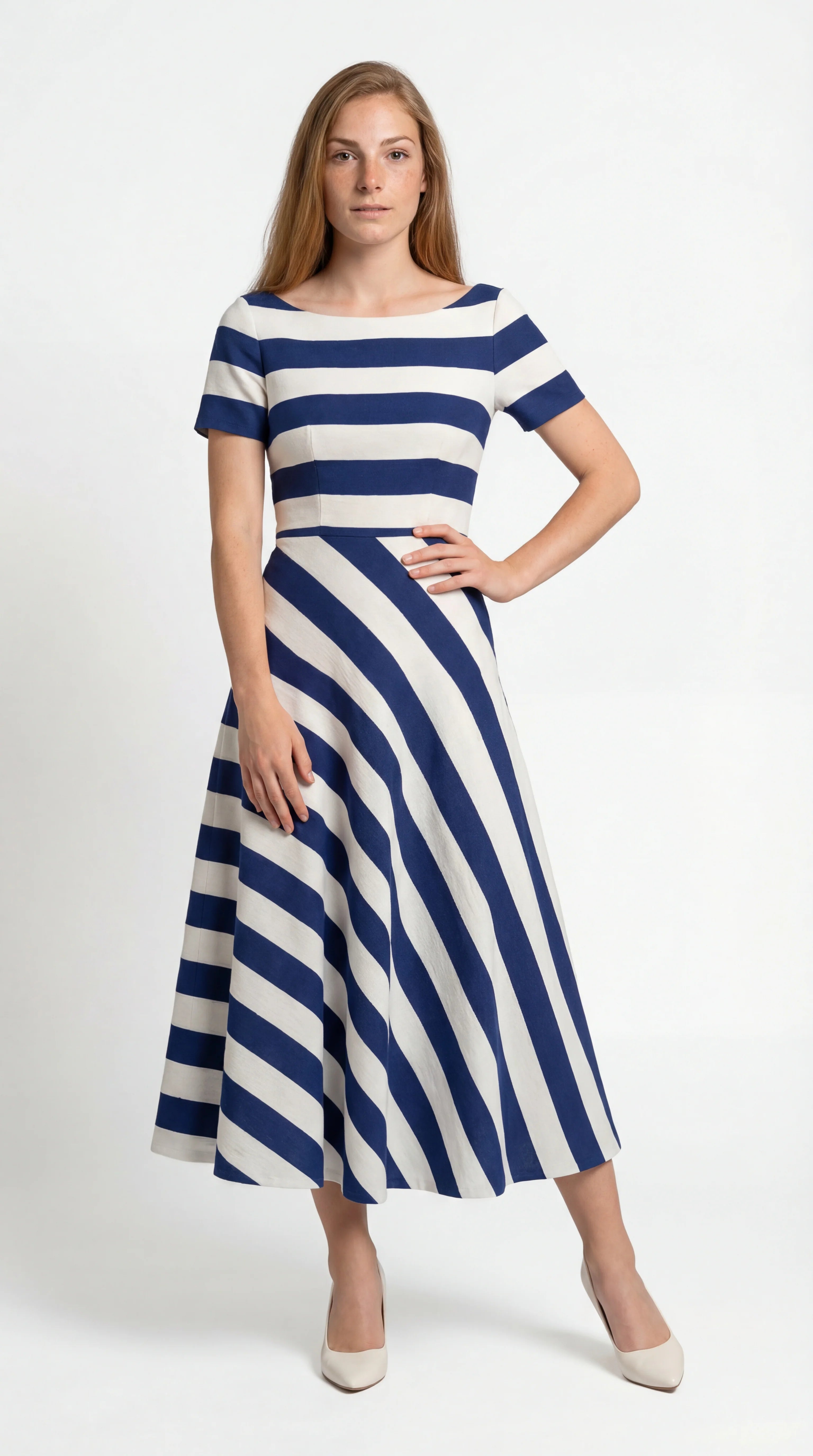 Midi Jurk Korte Mouw met Strepen Design