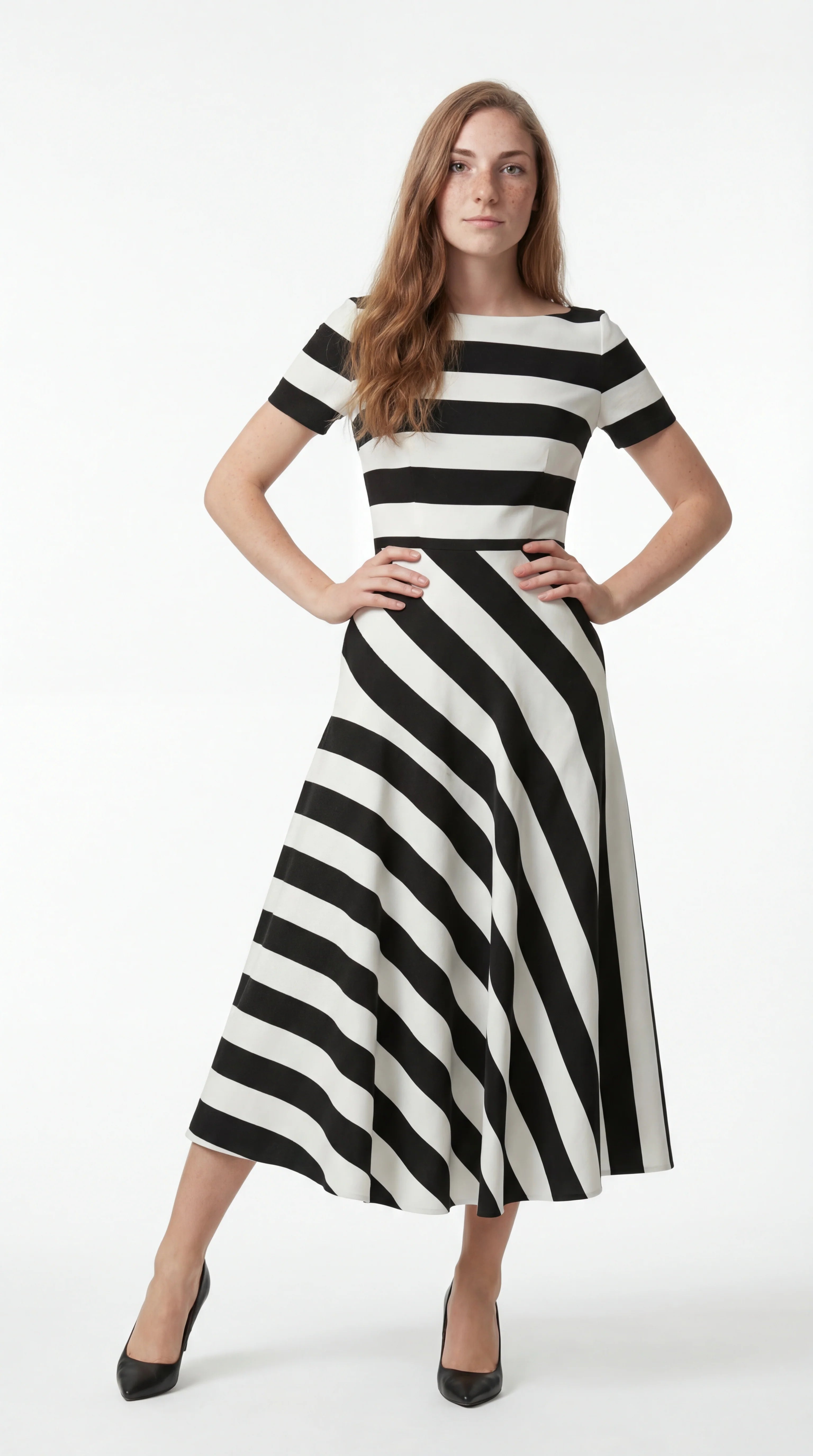 Midi Jurk Korte Mouw met Strepen Design