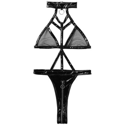 Nocturna - Latex Lingerieset Met Choker, Mesh - Detail En Ritsbroekje