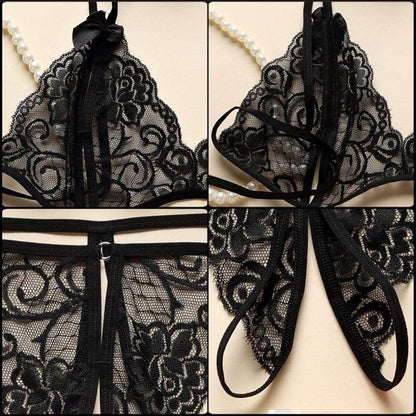 ELYSARA – Kanten Lingerieset met Open Slip en Striksluiting op de Rug