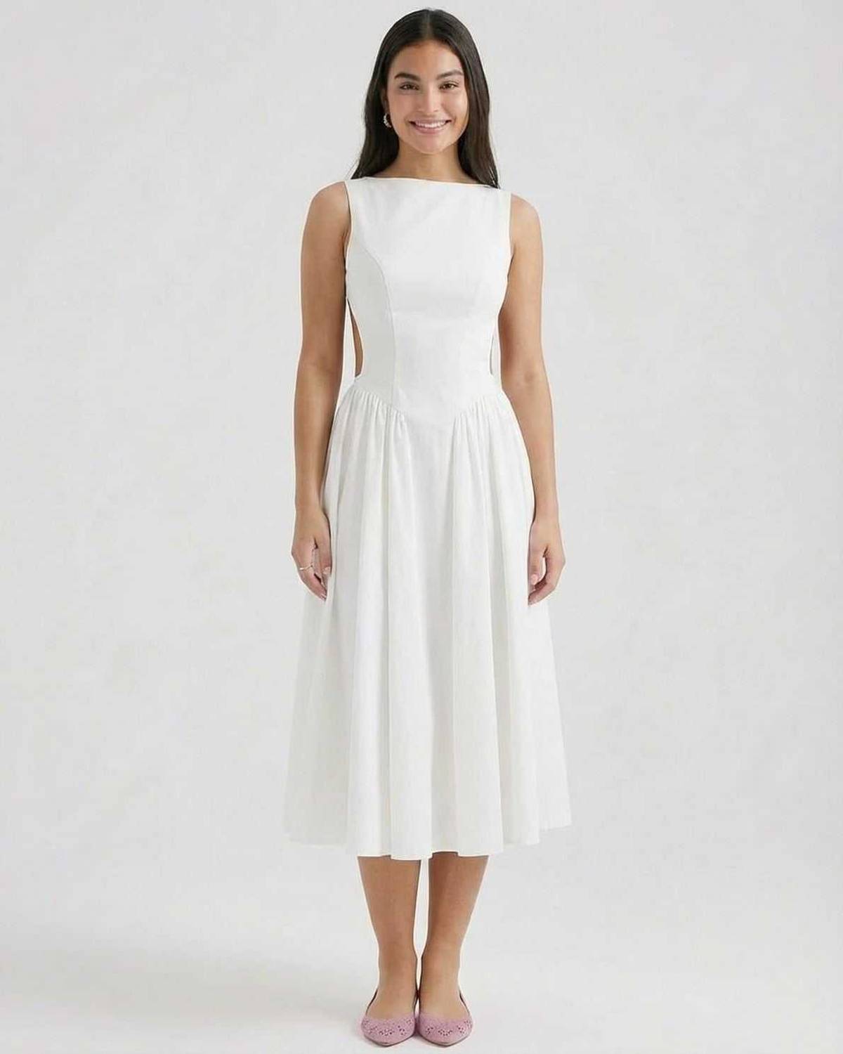 Dames Midi Jurk | Open Rug | Mouwloos Met A-Lijn Rok