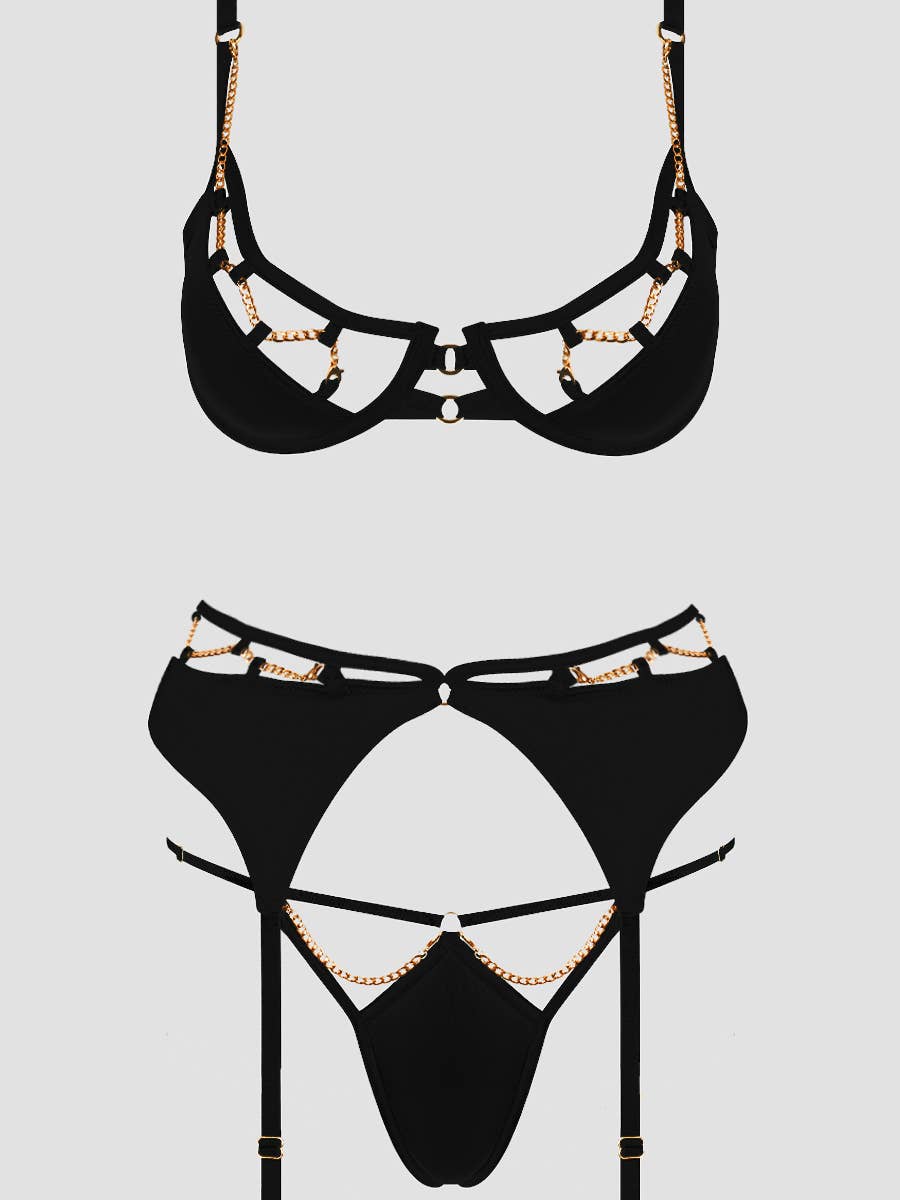 Evangeline – 3- Delige Satijnen Lingerieset met Gouden Kettingen