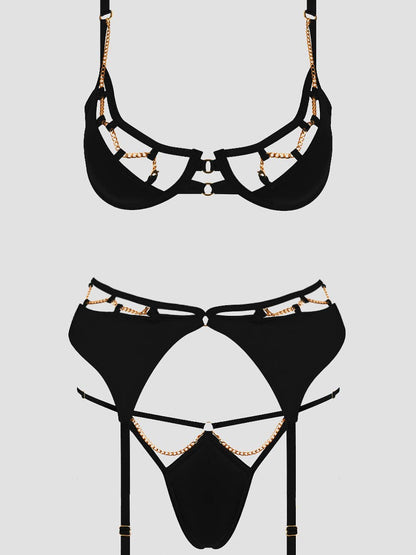 Evangeline – 3- Delige Satijnen Lingerieset met Gouden Kettingen