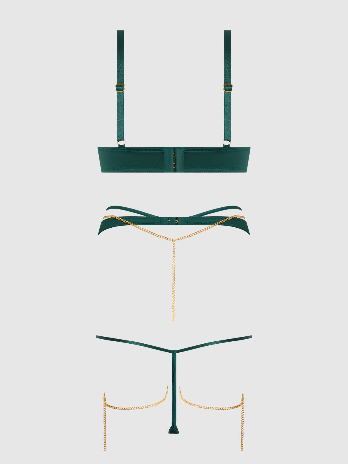 Evangeline – 3- Delige Satijnen Lingerieset met Gouden Kettingen