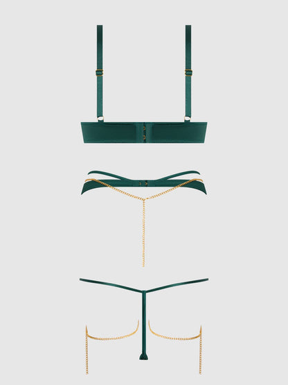 Evangeline – 3- Delige Satijnen Lingerieset met Gouden Kettingen