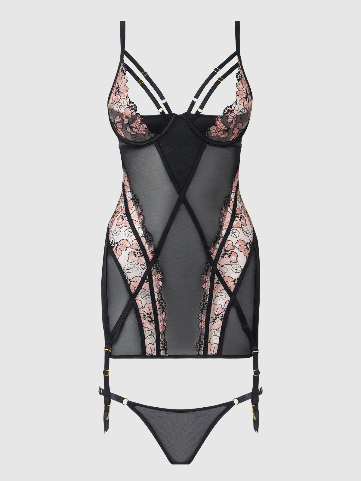 Nova – blacklight lace chemise & thong set