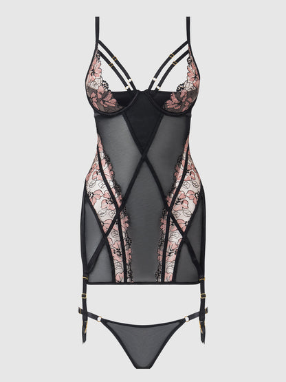 Nova – blacklight lace chemise & thong set