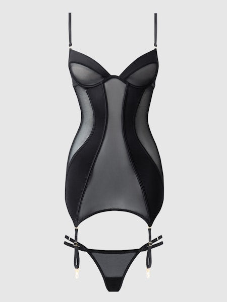 Raquel – Mesh & Silky Micro Corset Set in Parelgrijs