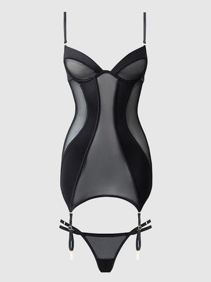 Raquel – Mesh & Silky Micro Corset Set in Parelgrijs