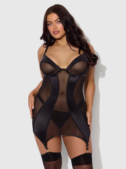 Raquel – Mesh & Silky Micro Corset Set in Parelgrijs