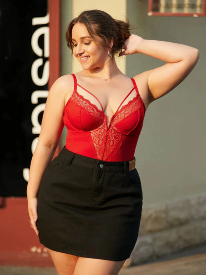 Shapewear Strappy Tummy Control Lace Inset Bodysuit - LivingCurves Sexy Tops Body Shaper Chili Red / XS